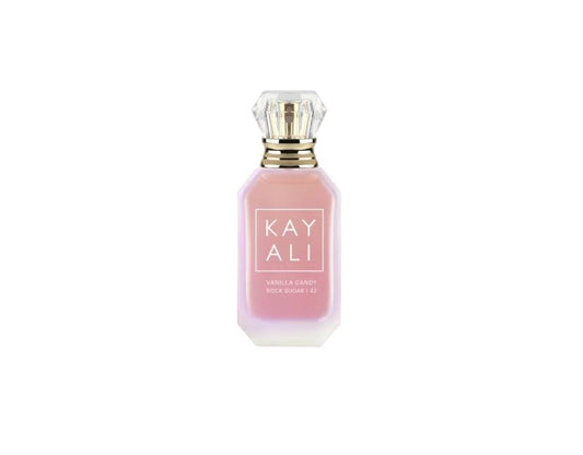 Kayali Vanilla Candy Rock Sugar bottle front, ideal travel companion for on-the-go fragrance