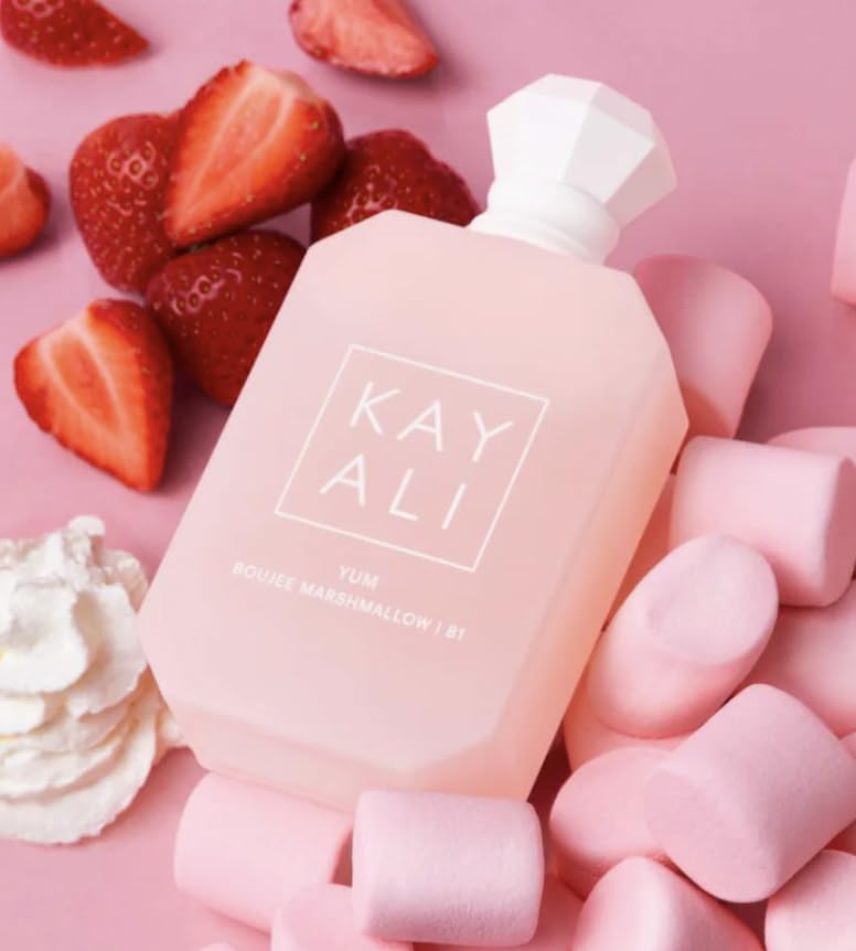Close-up of the Kayali Yum Boujee Marshmallow cap highlighting luxurious bottle design