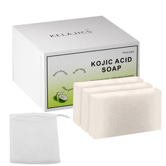 KELAJICS kojic acid soap bar packaging close-up with coconut scent for daily cleansing.