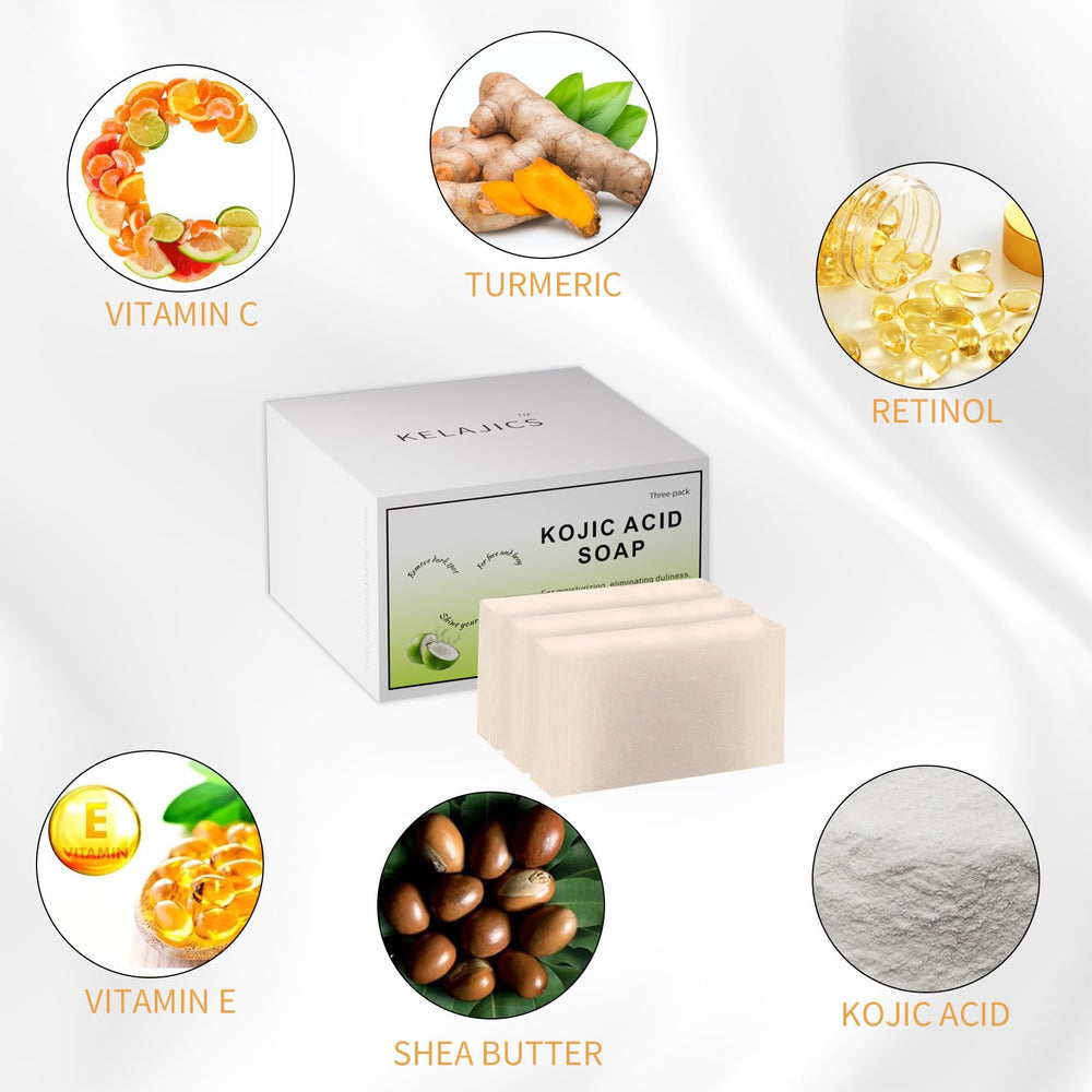 KELAJICS retinol-collagen-vitamin C soap bar ingredients on display for skin support.