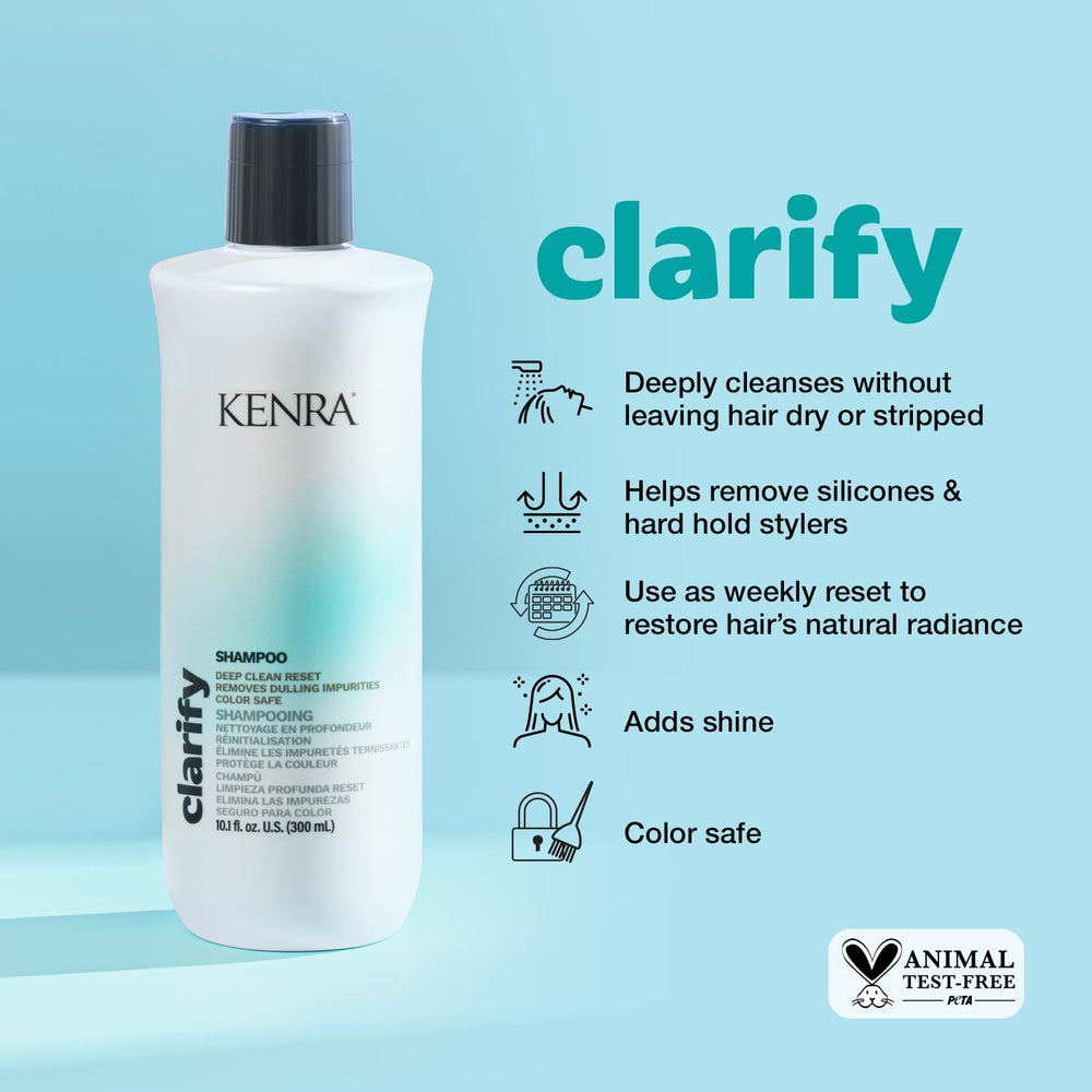 Kenra Clarify Shampoo lather close-up demonstrating a clarifying cleanse for dull deposits.