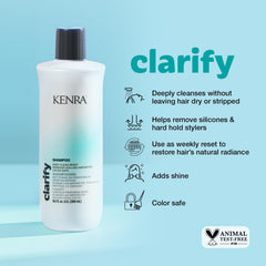 Kenra Clarify Shampoo lather close-up demonstrating a clarifying cleanse for dull deposits.