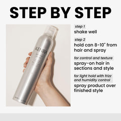 Close-up of hair with frizz tamed by a light, brushable spray.