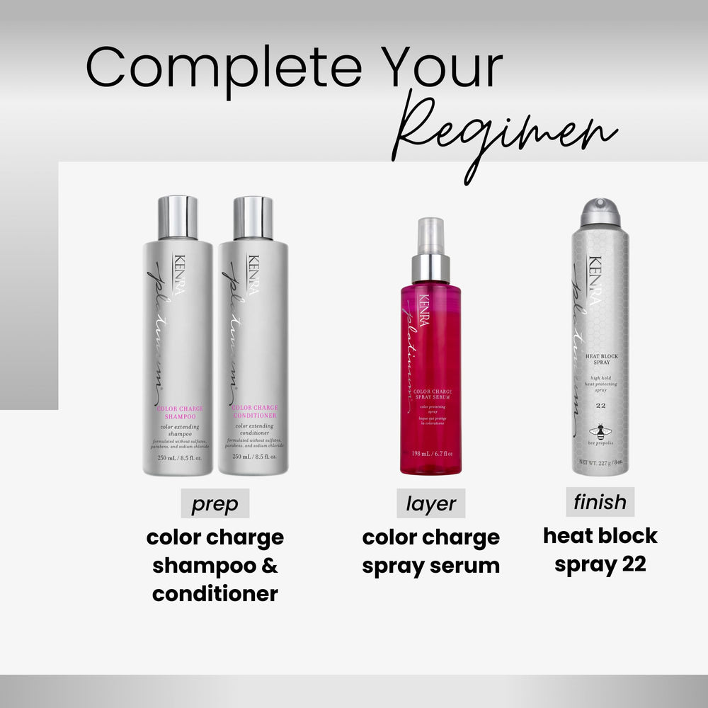 Kenra Platinum Color Charge Serum label close-up with color protection claim