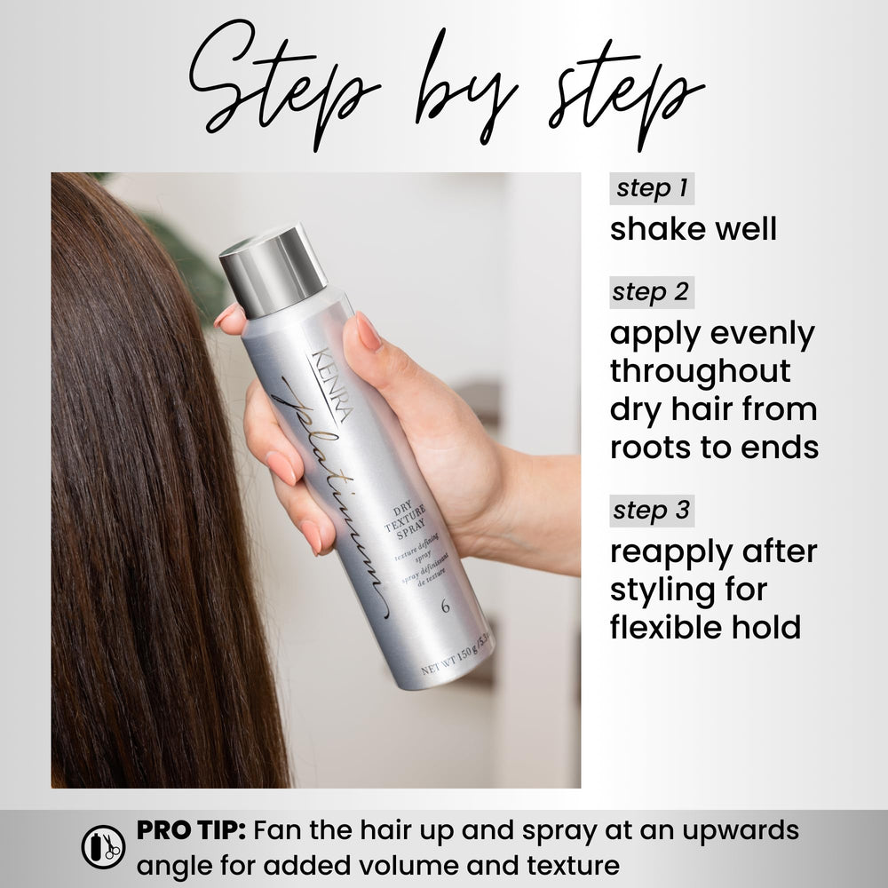 Hair with Kenra Platinum Dry Texture Spray shows a natural matte finish