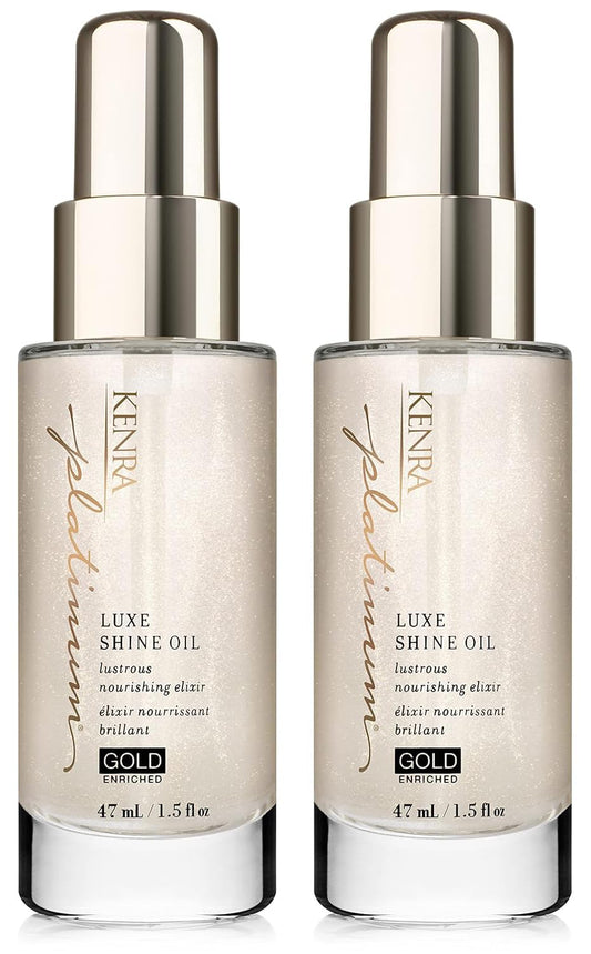 Kenra Platinum Luxe Shine Oil bottle glowing with gold-enriched shine