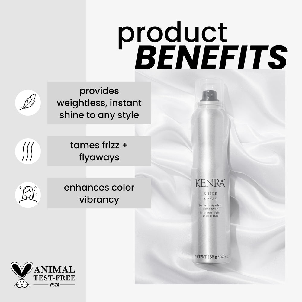 Kenra Shine Spray quick mist illustrates fast radiant finish and color-friendly hold.