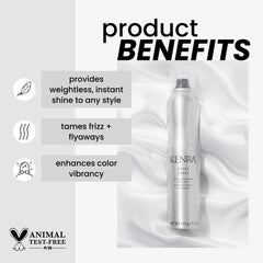 Kenra Shine Spray quick mist illustrates fast radiant finish and color-friendly hold.