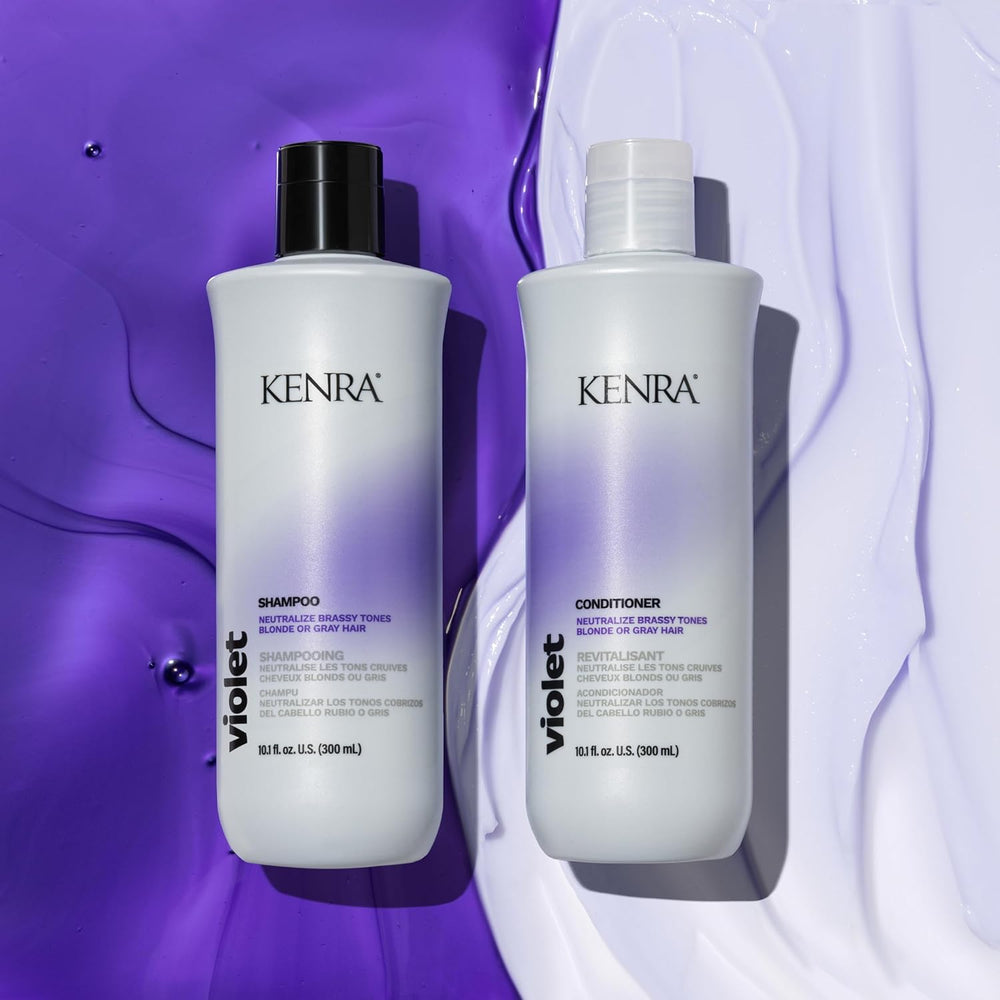 Kenra Violet Shampoo label close-up emphasizes color-safe formula and vibrancy maintenance