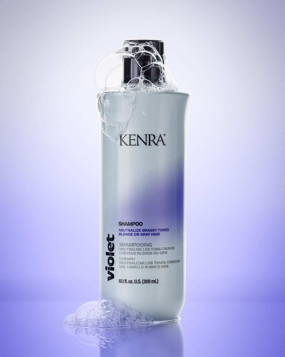Kenra Violet Shampoo lather shown for toning and yellow neutralization benefits
