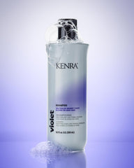Kenra Violet Shampoo lather shown for toning and yellow neutralization benefits
