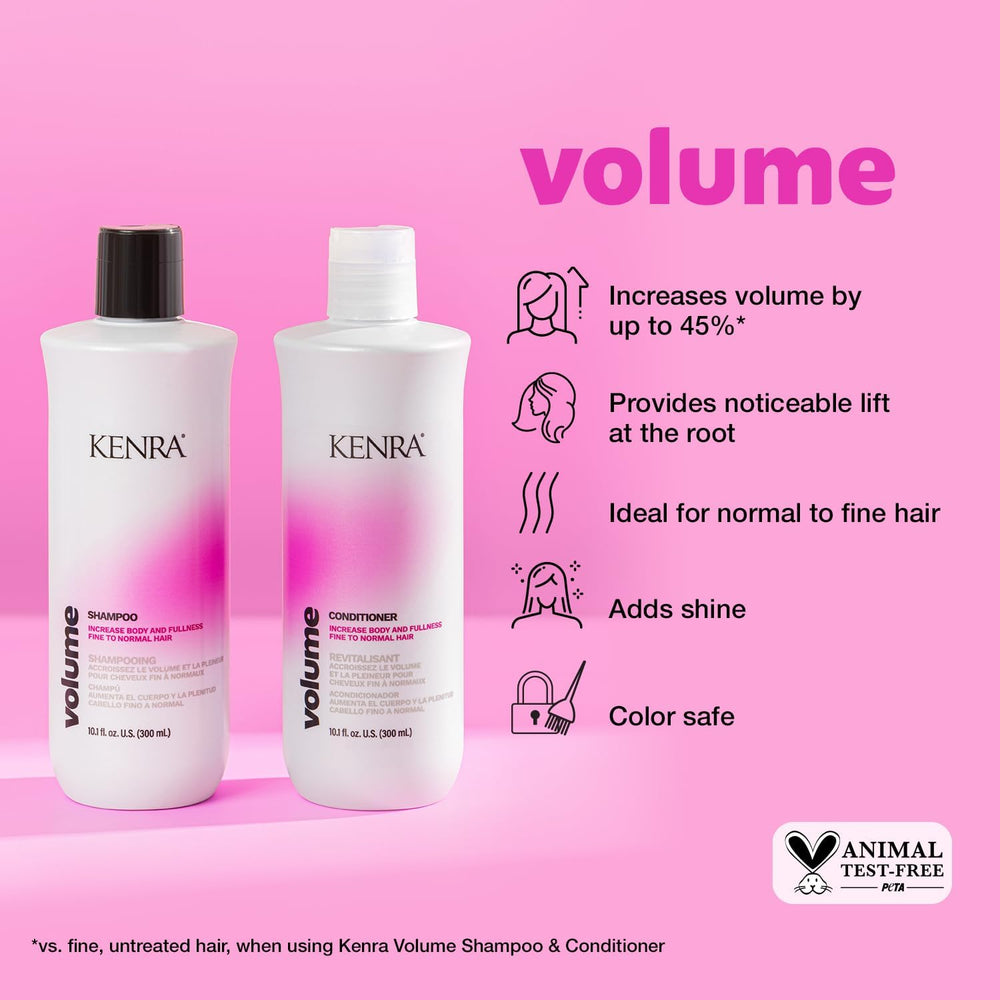 Kenra Volume Conditioner bottle highlights detangling and lightweight hydration.