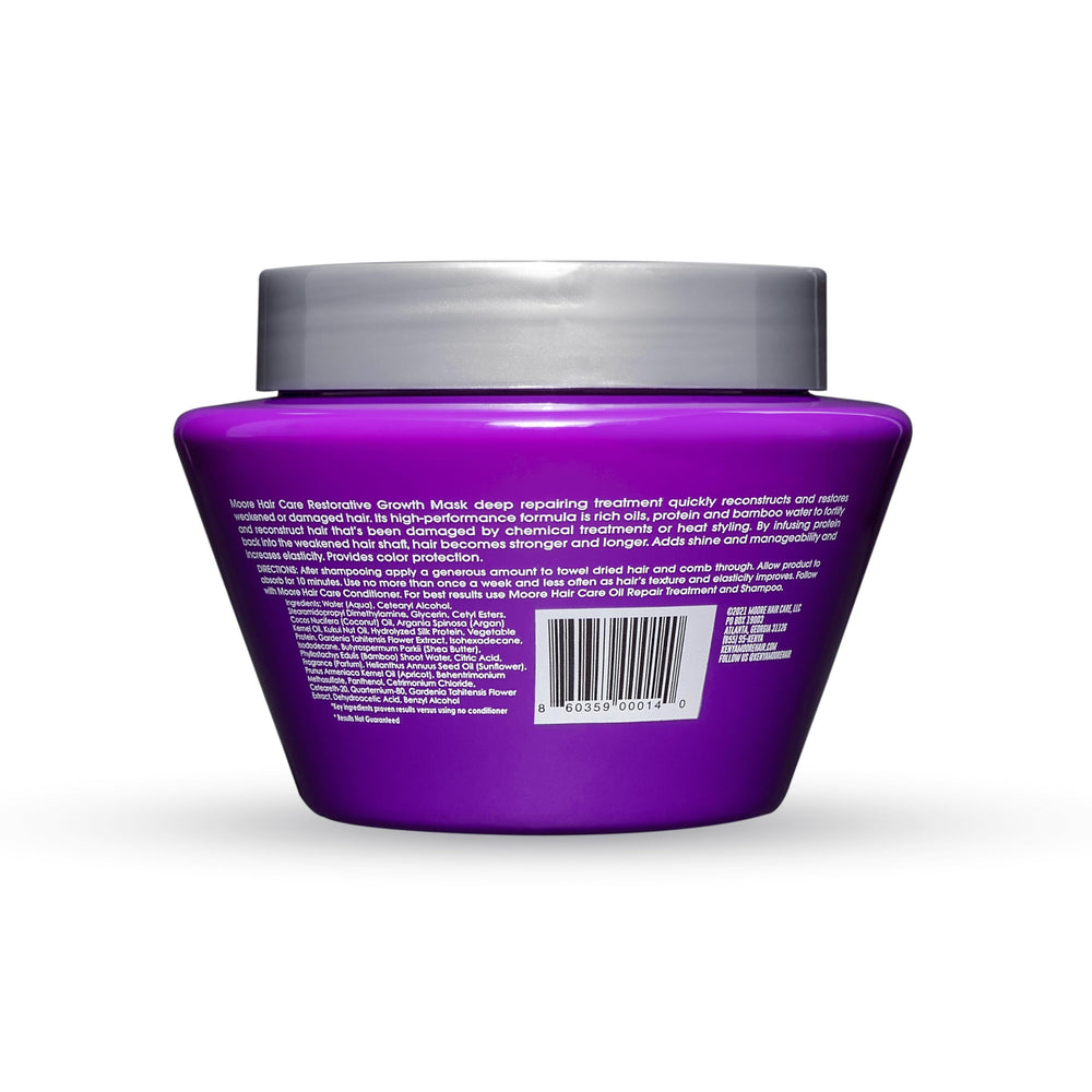 Kenya Moore Restorative Growth Mask jar highlighting deep conditioning for color-treated or stressed hair.