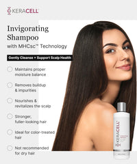 Keracell Invigorating Shampoo label closeup shows premium ingredients for scalp care