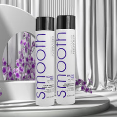 KERAGEN purple shampoo being poured showing toning action for brassiness control