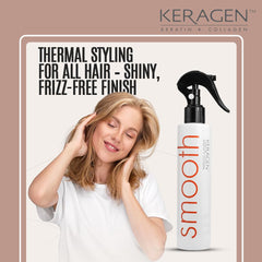 KERAGEN spray mist shown mid-dispense, protecting hair during styling.