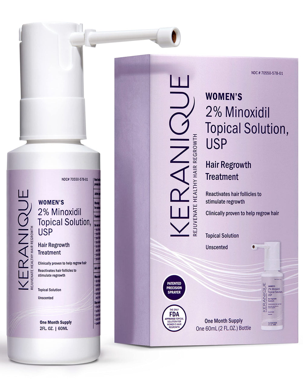 Keranique bottle front with minoxidil for targeted hair regrowth
