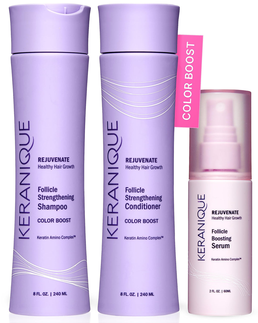Keranique Color-Treated Shampoo bottle highlighting color protection and vibrant shade.