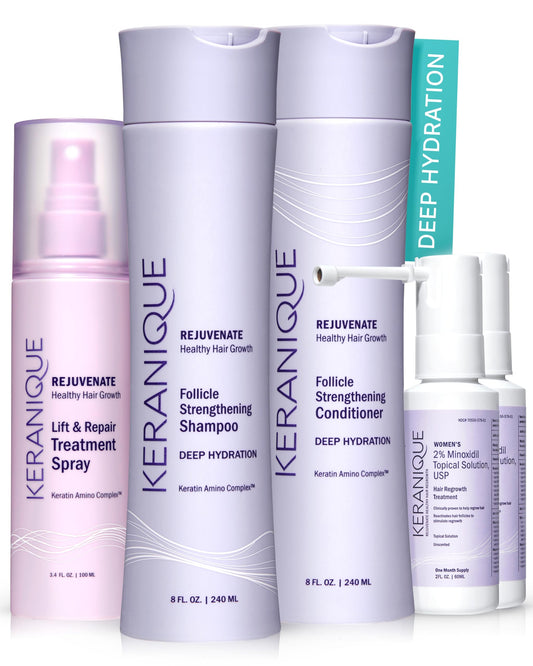 Keranique deep hydration shampoo bottle promotes soft, shiny hair.