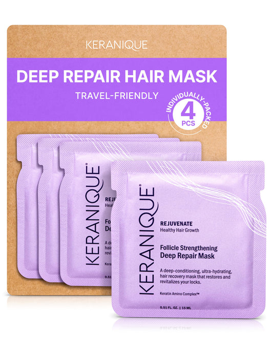 Keranique Hair Mask deep repair jar shows a rich conditioning treatment for damaged hair.