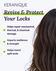 Keranique Keratin Complex label close-up highlights strengthening for dry strands.