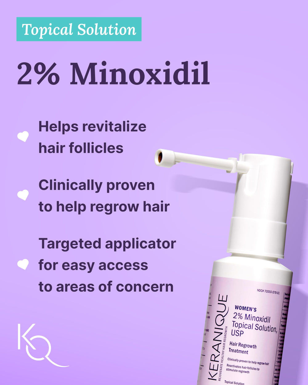 Keranique 2 percent minoxidil solution dropper targets thinning areas at the roots