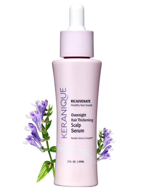 Keranique Overnight Hair Serum bottle on vanity for nighttime nourishment