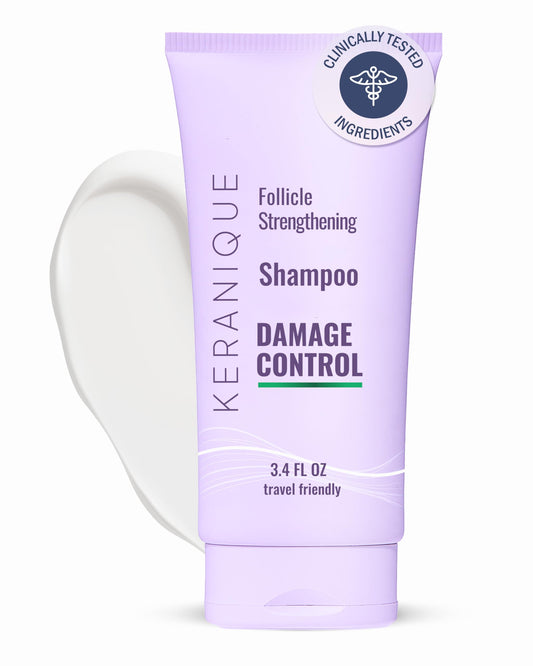 Keranique Shampoo bottle demonstrates damage repair care for dry, damaged hair.