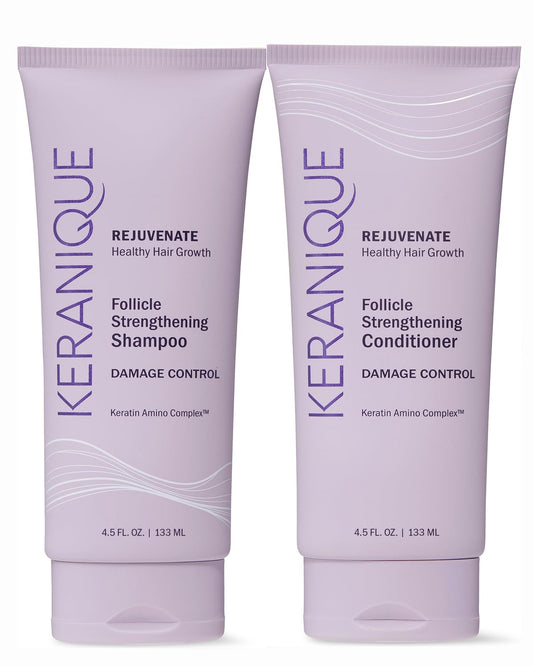 Keranique shampoo bottle shows damage repair formula for stronger hair