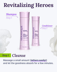 Keranique shampoo lather on hand demonstrates cleansing that supports combability.