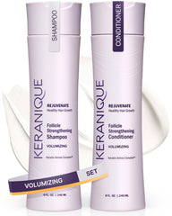 Keranique Volumizing Shampoo bottle pour demonstrating easy dispensing and volume boost