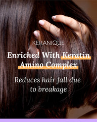 Keranique Keratin Amino Complex graphic emphasizes strengthened, shinier strands