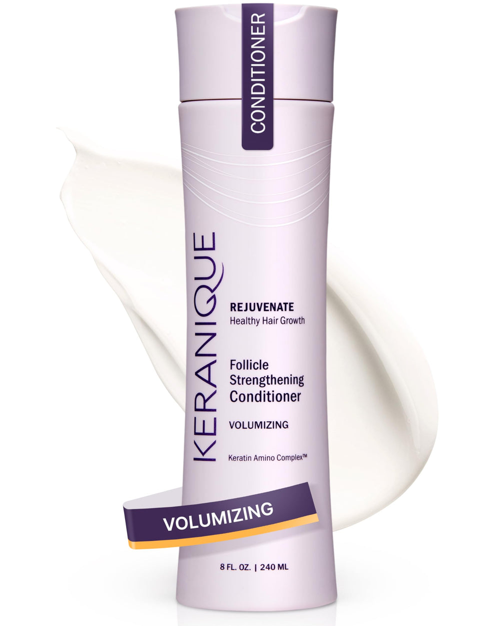 Keranique Volumizing Keratin Conditioner bottle demonstrates a lightweight, volumizing effect for thinning hair
