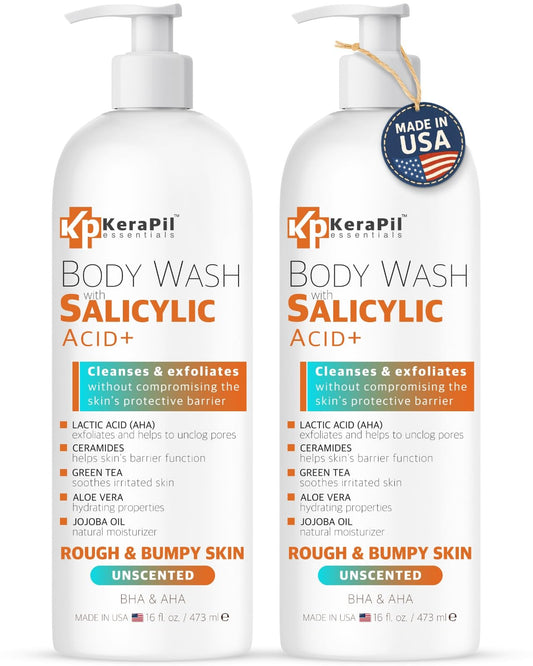 KERAPIL Salicylic Acid Body Wash bottle pour showing gentle exfoliation for smoother skin