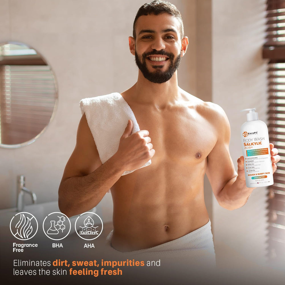 KERAPIL Salicylic Acid Body Wash in shower scene with clean routine