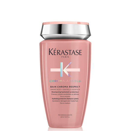 Kérastase Chroma Absolute Chroma Respect shampoo bottle highlights color protection and hydration for color-treated hair.