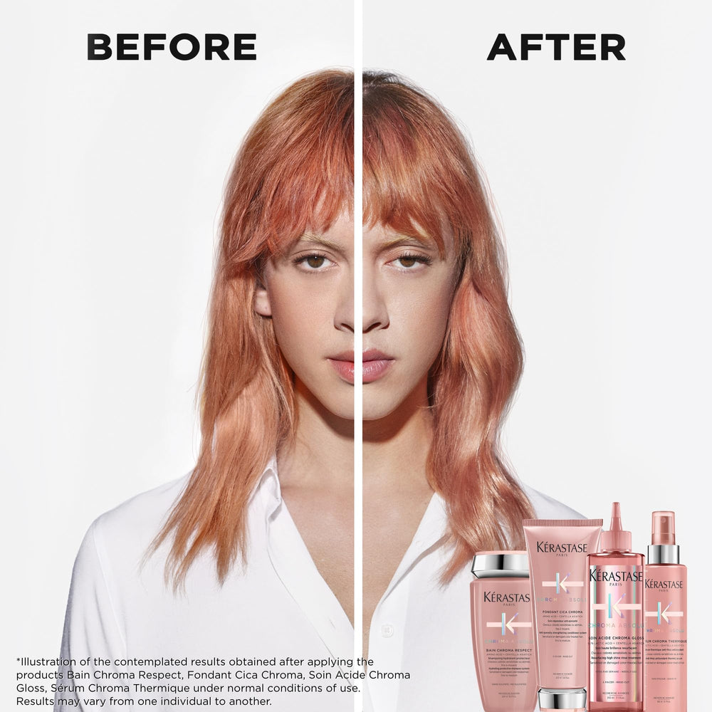 Closeup of Kérastase Chroma Absolu Chroma Respect Shampoo bottle highlighting nourishing formula.