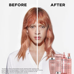 Closeup of Kérastase Chroma Absolu Chroma Respect Shampoo bottle highlighting nourishing formula.