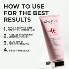 Kerastase Genesis Renforcateur on towel-dried hair application shows how to apply.