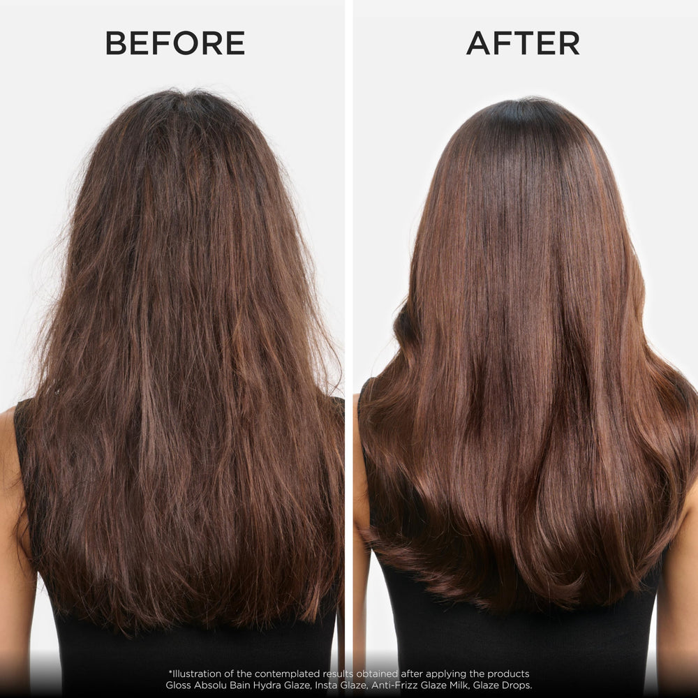 Kerastase Gloss Absolu Glaze Milk spray action demonstrates quick conditioning and smooth blow-dry.