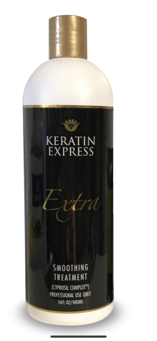 Keratin Express extra smoothing bottle on display signaling frizz control.