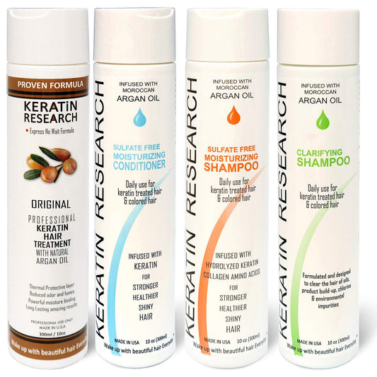 KERATIN RESEARCH Brazilian keratin kit bottle and tools for salon-quality results at home.