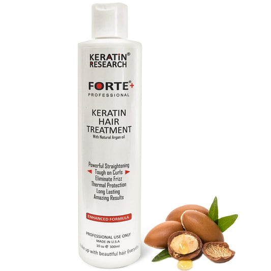 KERATIN RESEARCH Forte bottle front for frizz control and lasting smoothness.