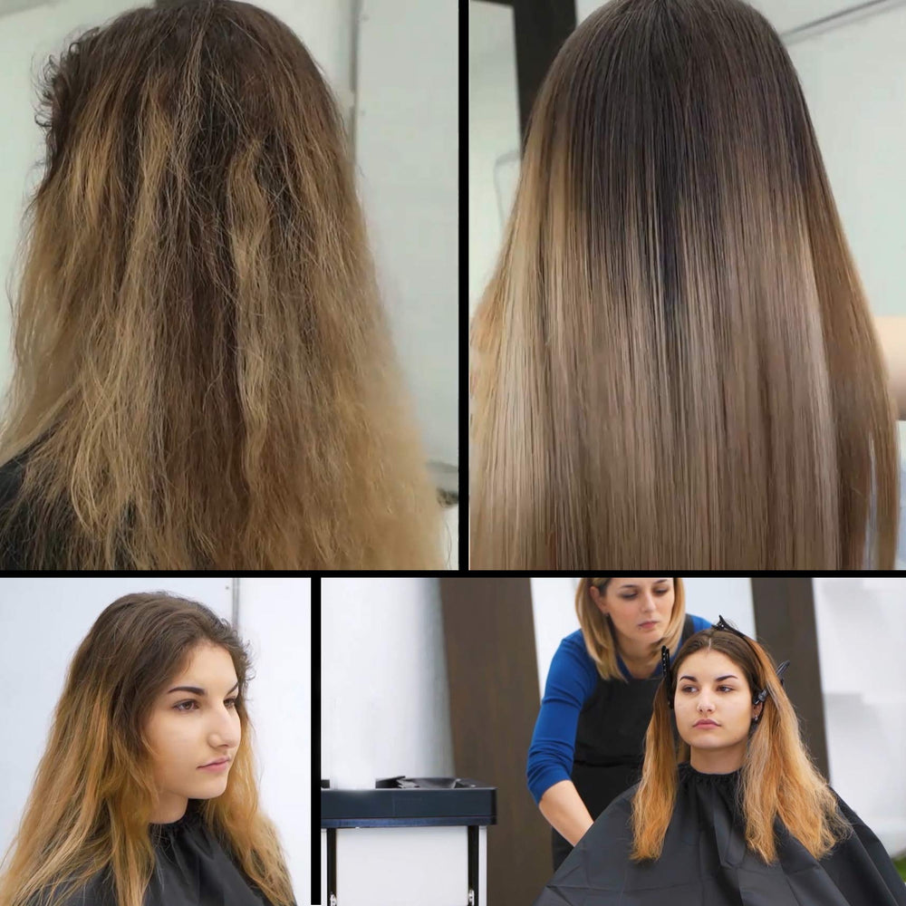 Keratin Research hair smoothing application demonstrates next-step styling.