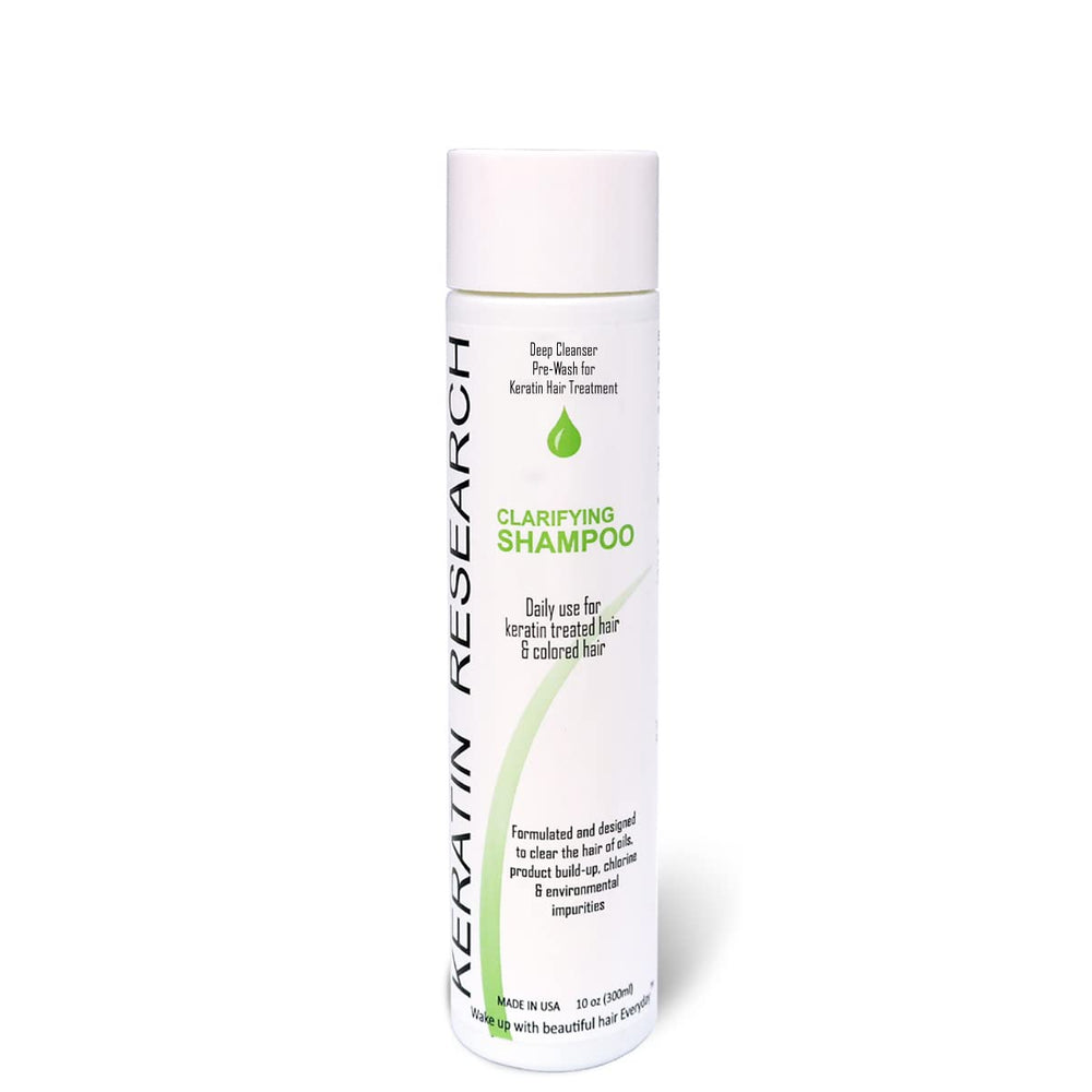 Keratin Research pre-wash clarifying shampoo prepping hair for keratin treatment.
