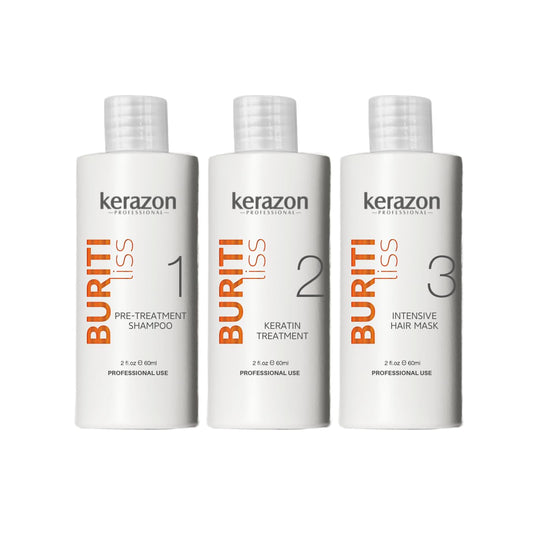 Kerazon Brazilian Keratin bottle shows smoothing formula for all hair types