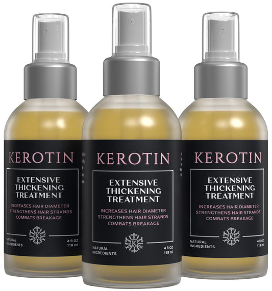Kerotin Hair Thickening Spray bottle shows diameter boost for fine hair.