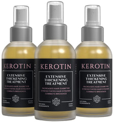 Kerotin Hair Thickening Spray bottle shows diameter boost for fine hair.