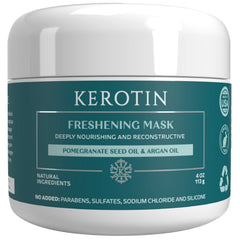 K Kerotin Keratin Freshening Mask packaging shows a natural formula for healthier-looking hair.