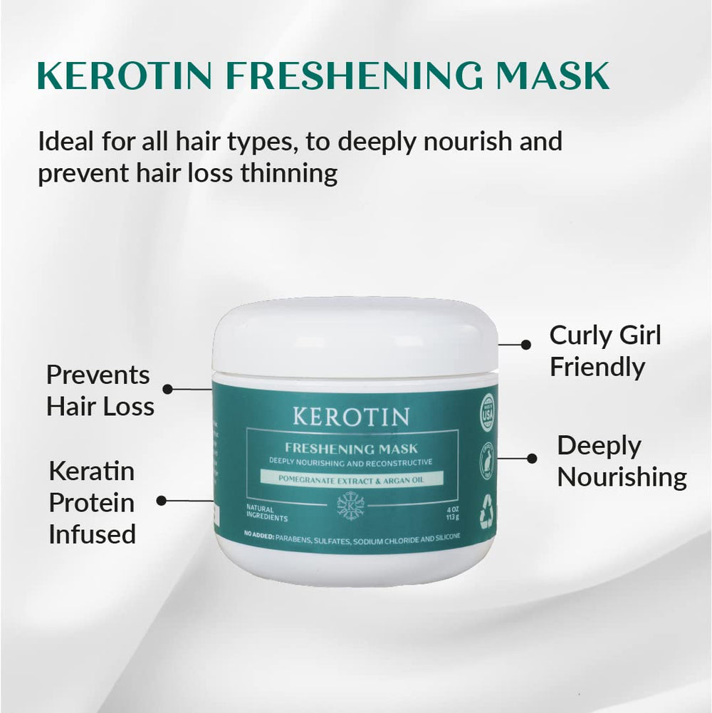 K Kerotin Keratin Freshening Mask on towel-dried hair emphasizes deep conditioning without heaviness.